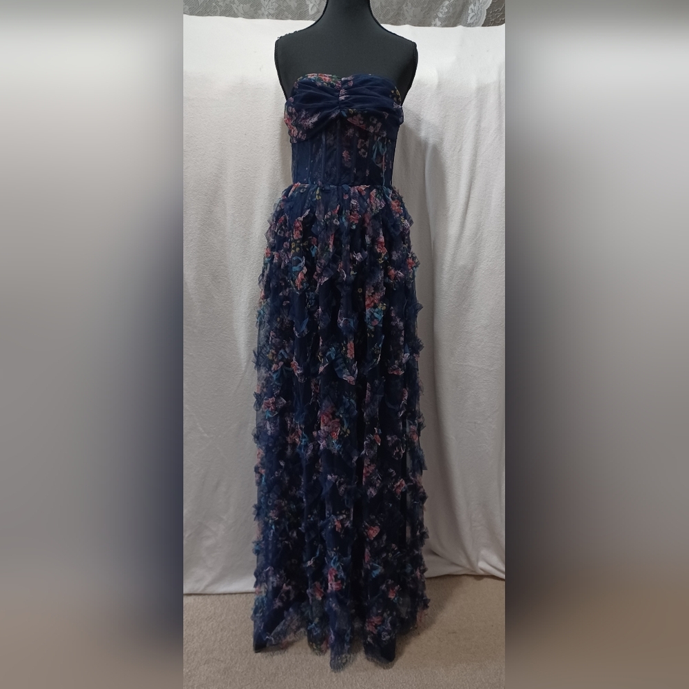 Lulu's Stunning Element Navy Floral Mesh Ruffled Strapless Maxi Dress Size Small